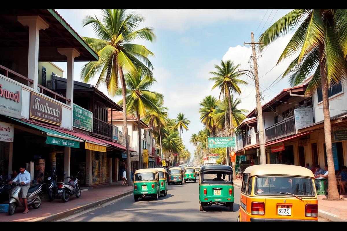 Tangalle town Sri Lanka south coast main street with low-rise shops, tuk-tuks, palm trees and casual local atmosphere in afternoon light