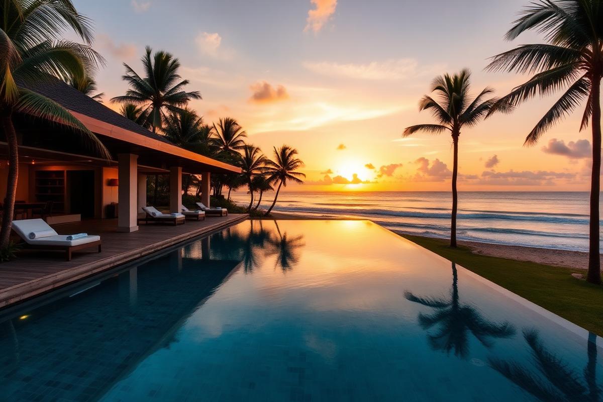 Boutique beach villa Tangalle Sri Lanka with infinity pool overlooking the Indian Ocean, palm trees and modern minimal architecture in golden hour