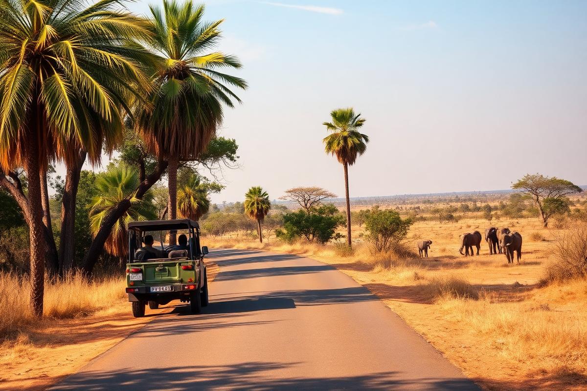 Yala national park Sri Lanka safari road with jeep, palm trees and dry savannah landscape in afternoon light