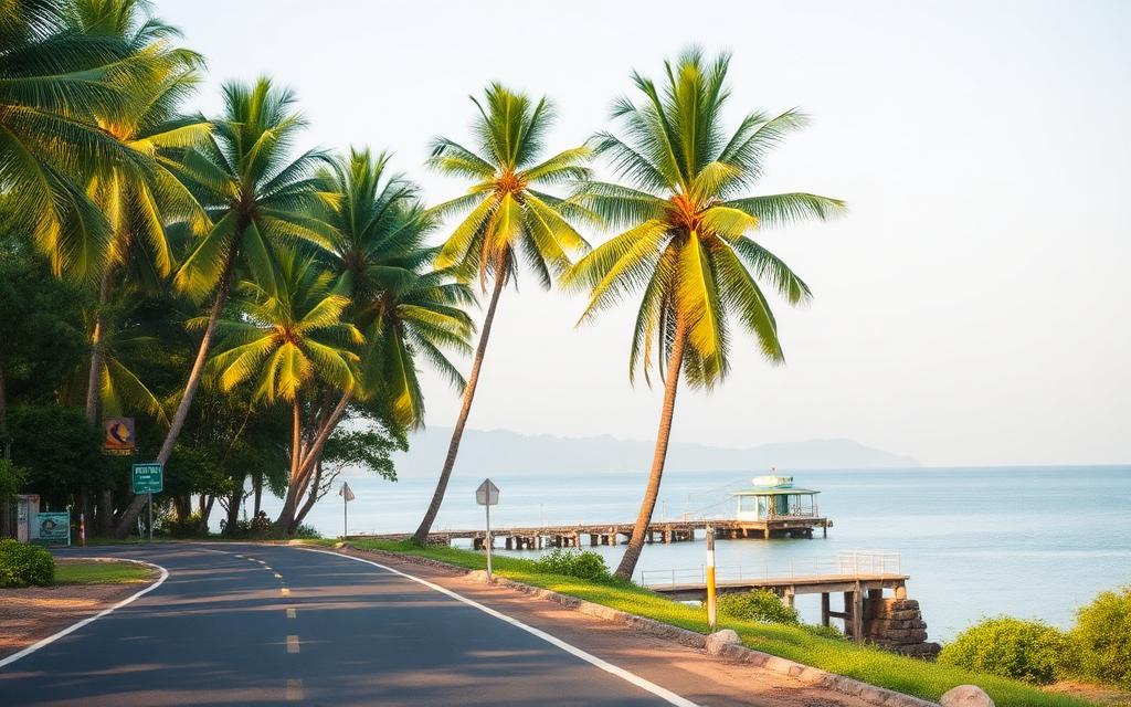 China Bay area near Trincomalee Sri Lanka coastal road with palm trees, calm bay water and a small jetty in soft daylight
