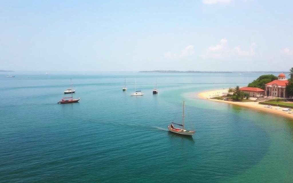 Dutch Bay in Trincomalee Sri Lanka with calm crescent shoreline, fishing boats and old colonial-era walls under soft tropical light