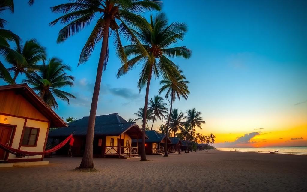 East coast Sri Lankan beach guesthouse with thatched roof, hammocks and palm trees near soft sand shoreline at warm sunset