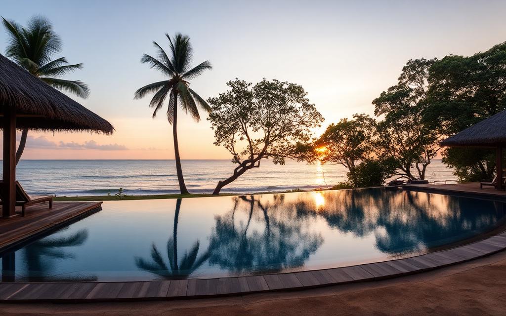 Kuchchaveli coast Sri Lanka quiet beach resort with thatched cabanas, infinity pool facing calm Indian Ocean and lush coastal trees at sunset