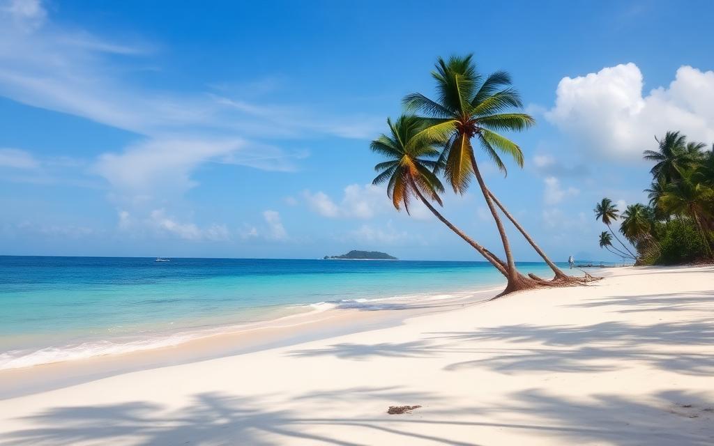 Long quiet white sand shoreline at Nilaveli Beach Sri Lanka with calm turquoise sea, tall palms and a distant Pigeon Island silhouette