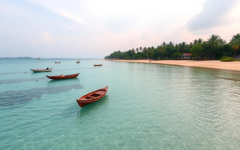 Pasikuda bay Sri Lanka calm shallow turquoise lagoon with small wooden fishing boats, quiet sandy beach and distant resorts under soft tropical sky