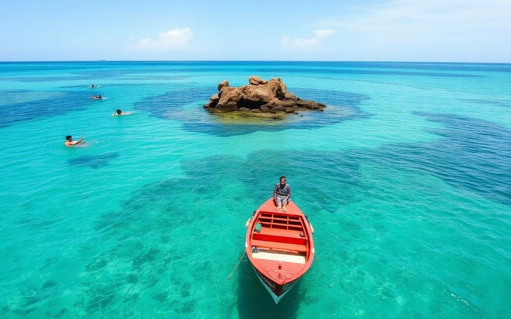 Pigeon Island National Park near Nilaveli Sri Lanka small rocky island in clear turquoise sea with snorkelers and a wooden boat