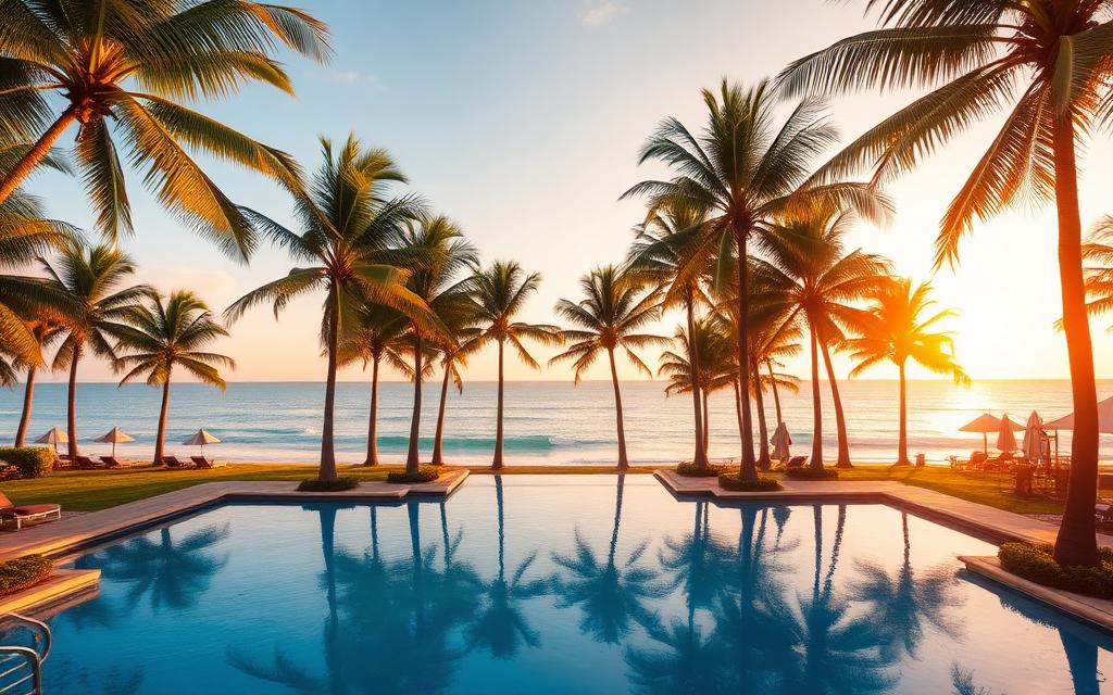 East coast Sri Lanka beach resort pool surrounded by palm trees facing turquoise sea at golden hour, Trincomalee resort atmosphere