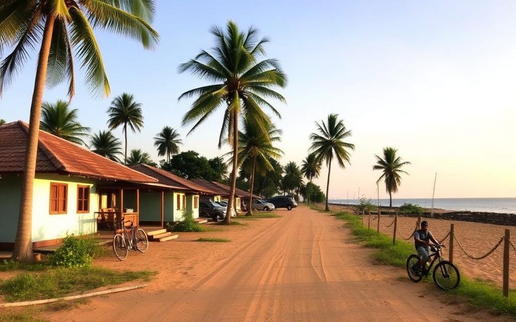 Quiet east coast Sri Lankan village near Sambalthivu between Uppuveli and Nilaveli with simple guesthouses, palm trees and a sandy lane