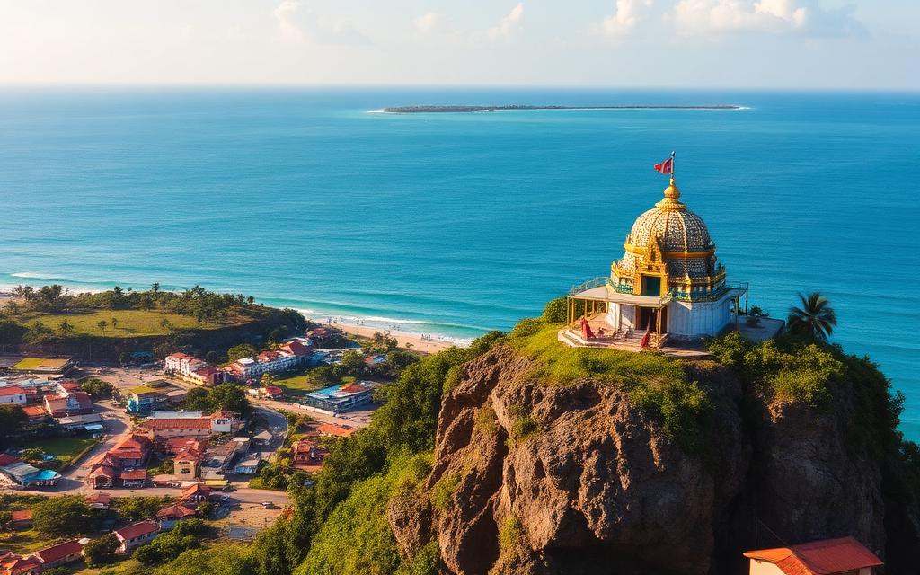 Trincomalee town view with Koneswaram Temple on Swami Rock cliff above blue ocean and colorful Hindu temple architecture in warm daylight