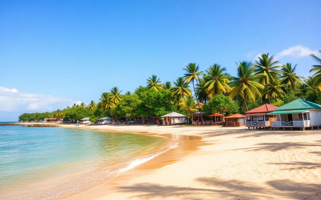 Uppuveli Beach in Trincomalee Sri Lanka with calm turquoise water, soft sand, palm trees and casual beach guesthouses in warm afternoon light