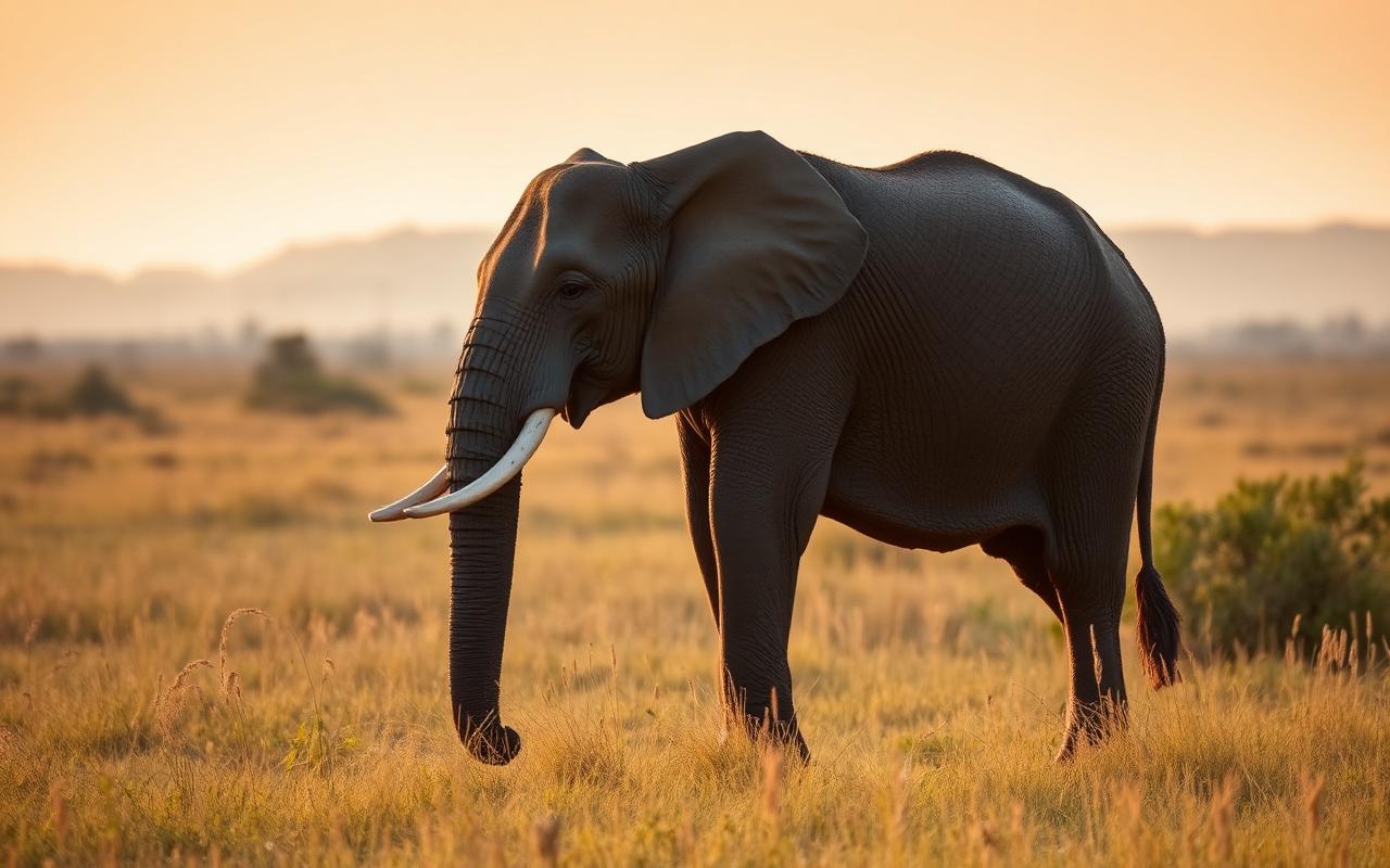 Calm wild Asian elephant grazing in distant savanna grassland of Udawalawe Sri Lanka at golden hour