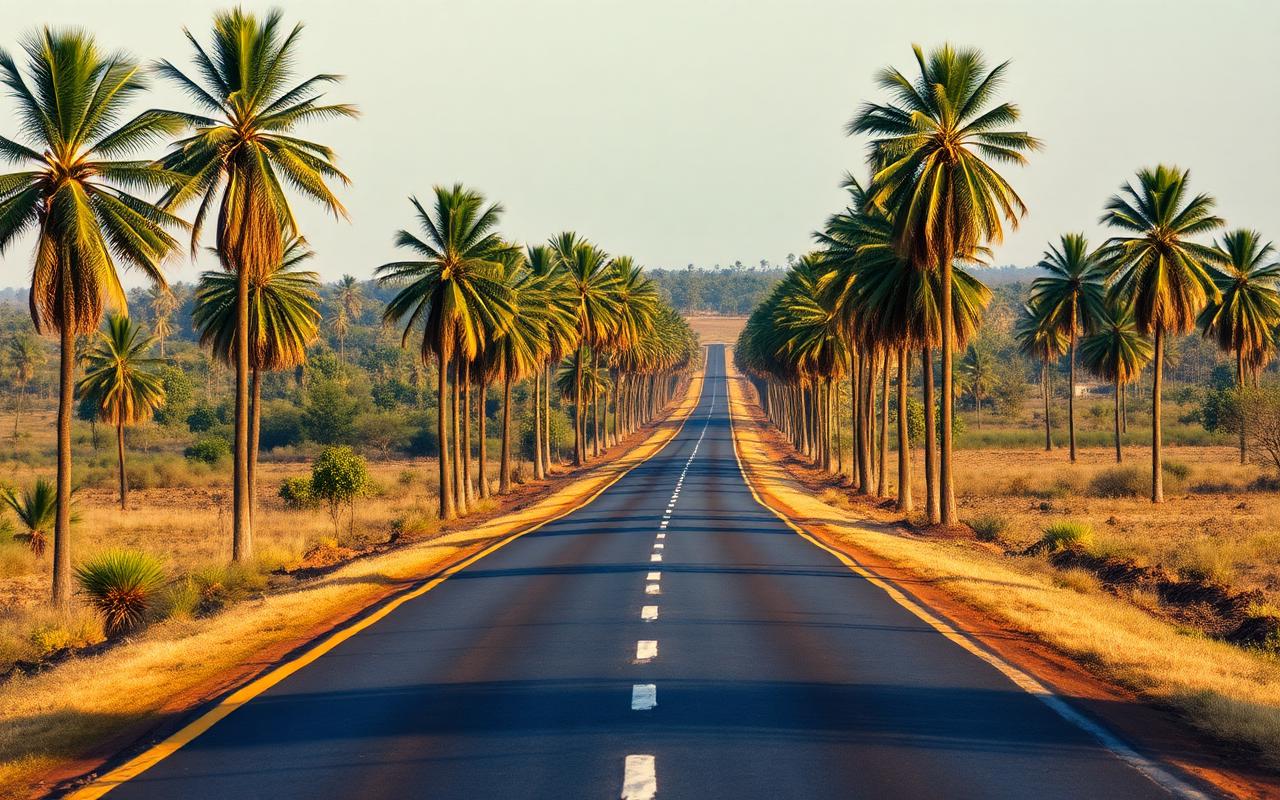 Inland Sri Lankan road from Udawalawe toward Embilipitiya with palm trees, dry-zone landscape and warm afternoon light