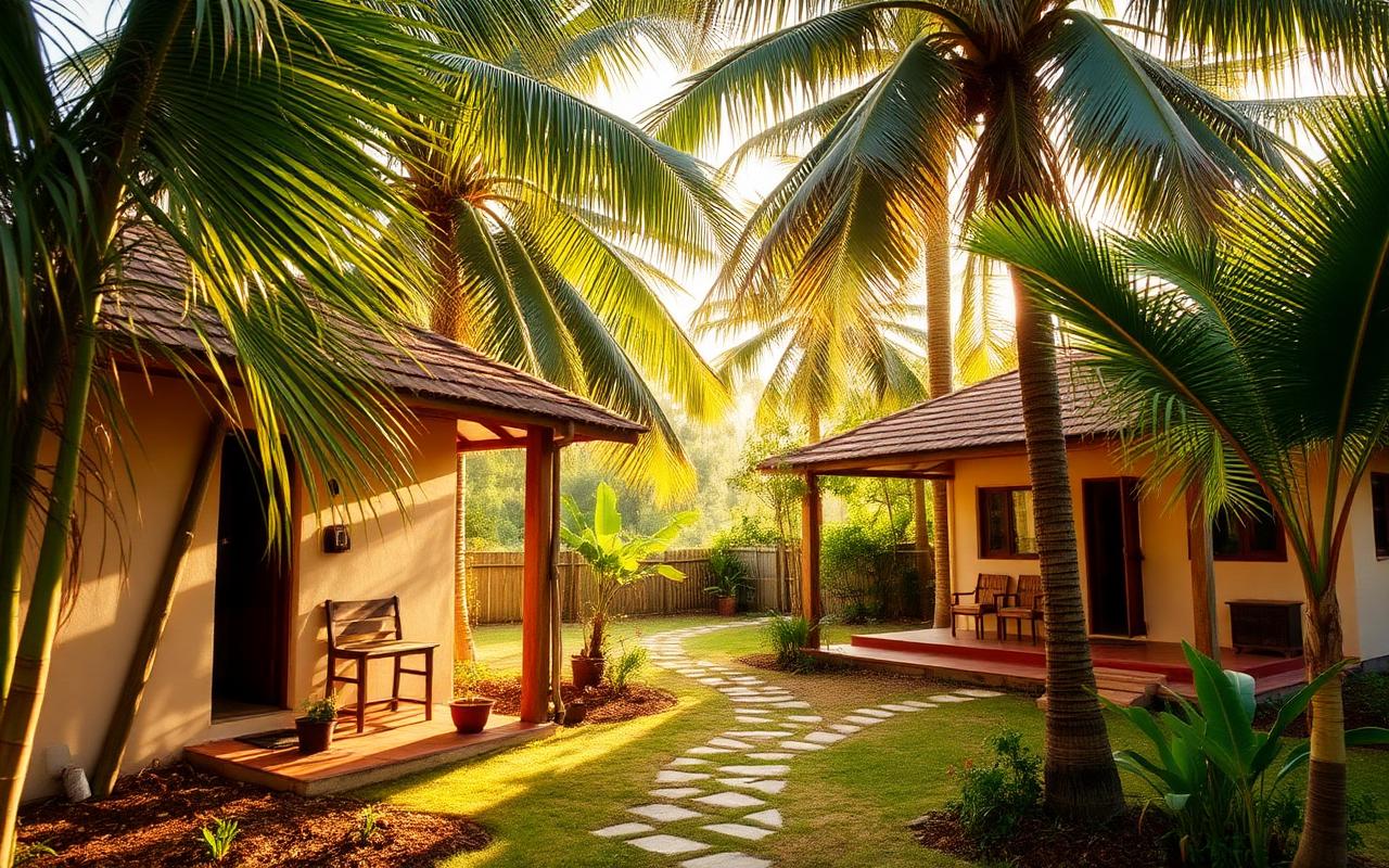 Family-run guesthouse in Udawalawe Sri Lanka with simple tropical architecture, palm trees, garden and warm afternoon light