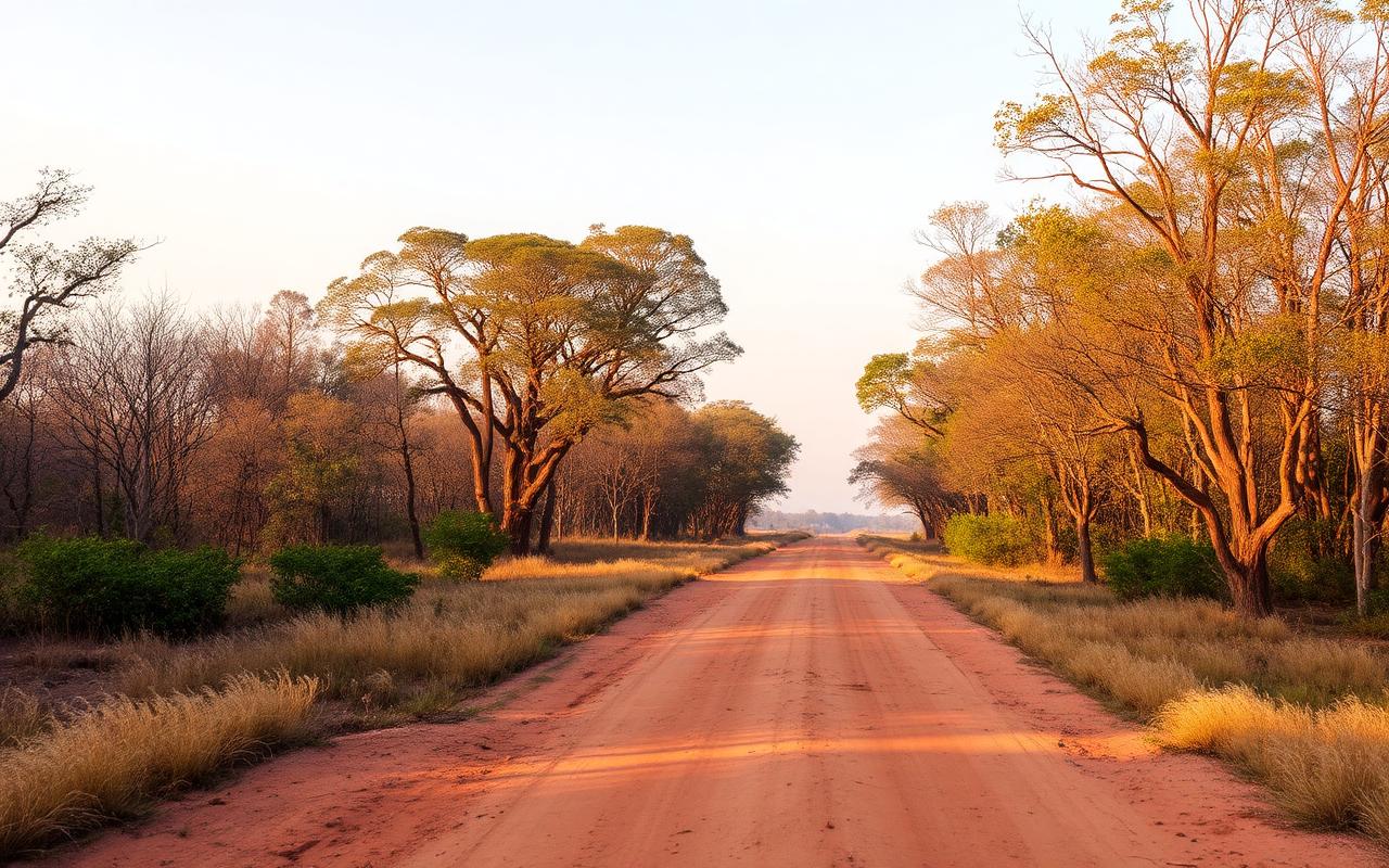 Entrance road to Udawalawe National Park Sri Lanka with dry-zone forest, savanna grasses and golden afternoon light