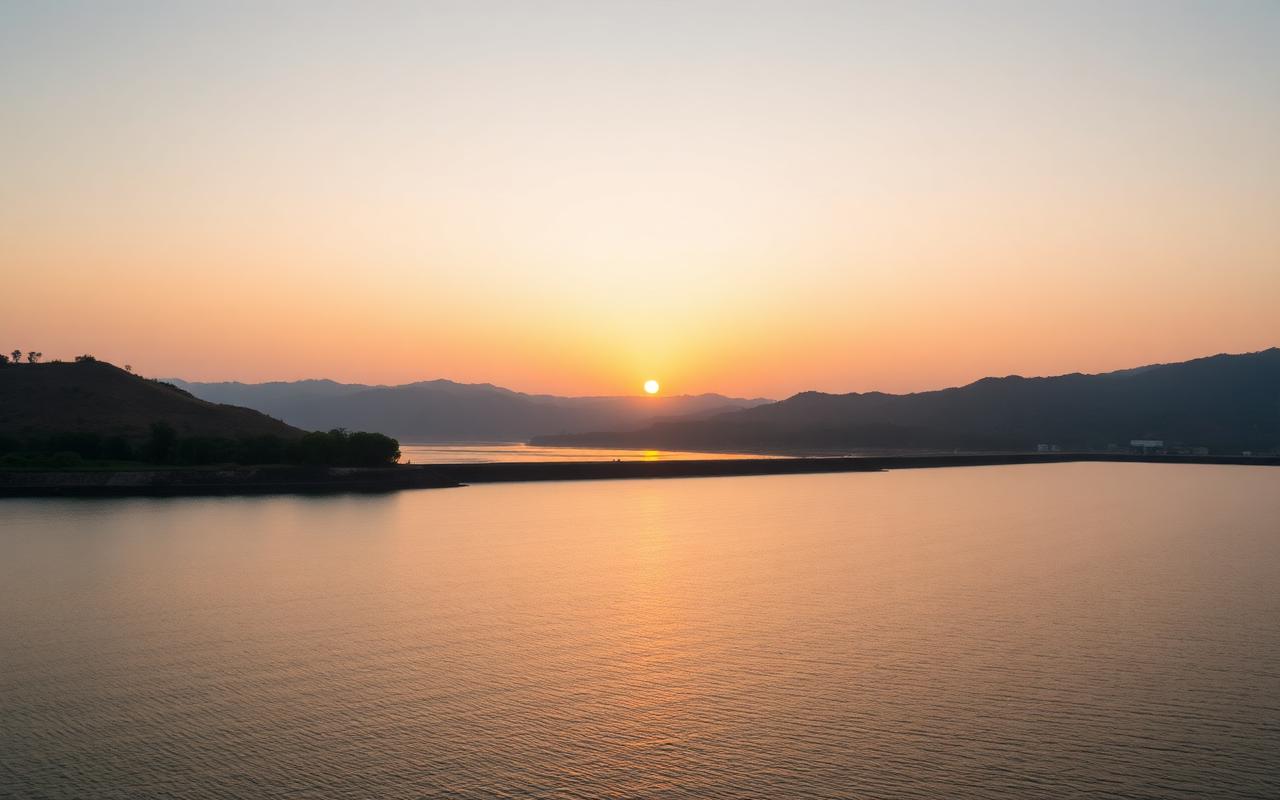 Udawalawe Reservoir in Sri Lanka with calm vast water at sunset, dry-zone hills in background and soft golden light