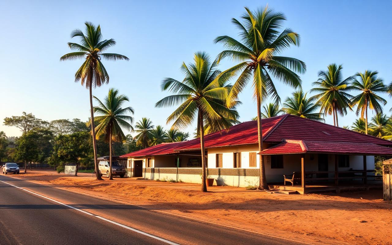 Roadside small hotel in Udawalawe Sri Lanka along main road with palm trees, simple local architecture and dry-zone vegetation