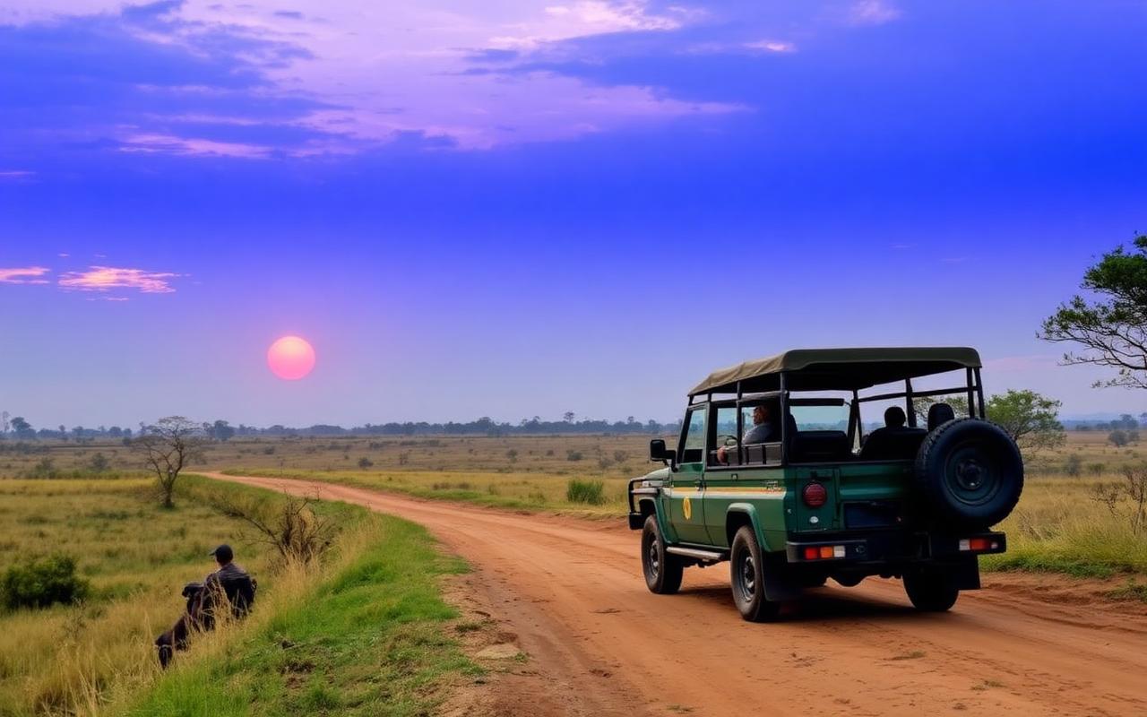 Open safari jeep parked on dirt road at the edge of dry-zone savanna in Udawalawe Sri Lanka at sunrise