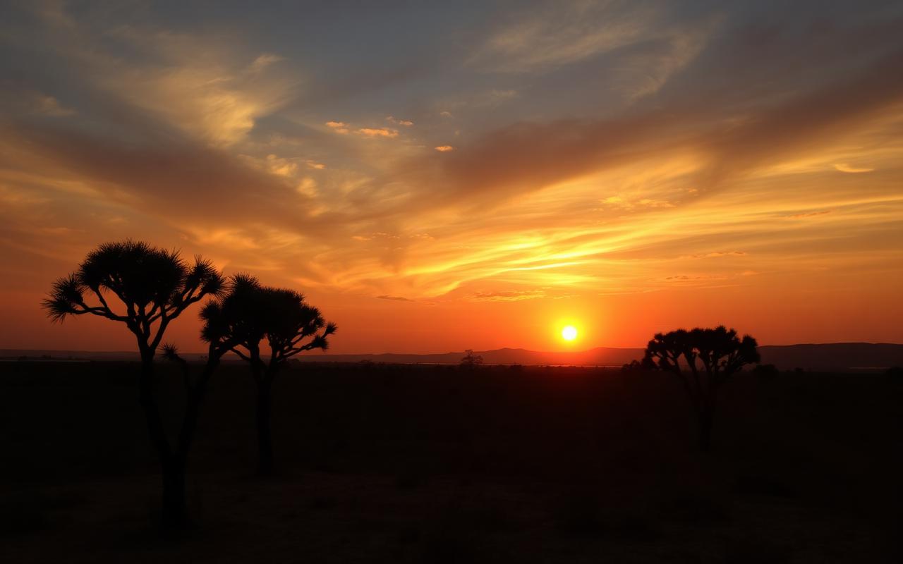 Dramatic sunset over Udawalawe dry-zone landscape Sri Lanka with silhouetted acacia trees