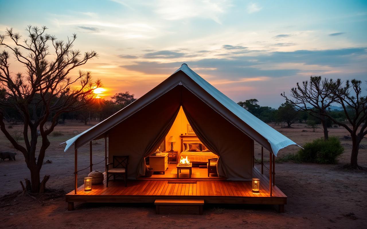 Premium tented safari camp in Udawalawe Sri Lanka with large canvas tent on wooden deck nestled in dry-zone savanna with acacia trees at warm sunset