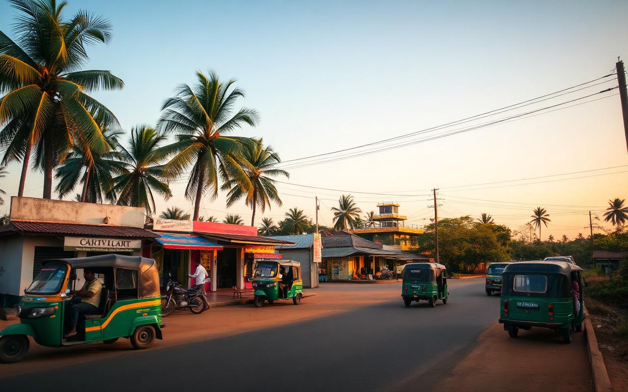 Udawalawe town junction Sri Lanka with small shops, tuk-tuks, palm trees and warm afternoon light