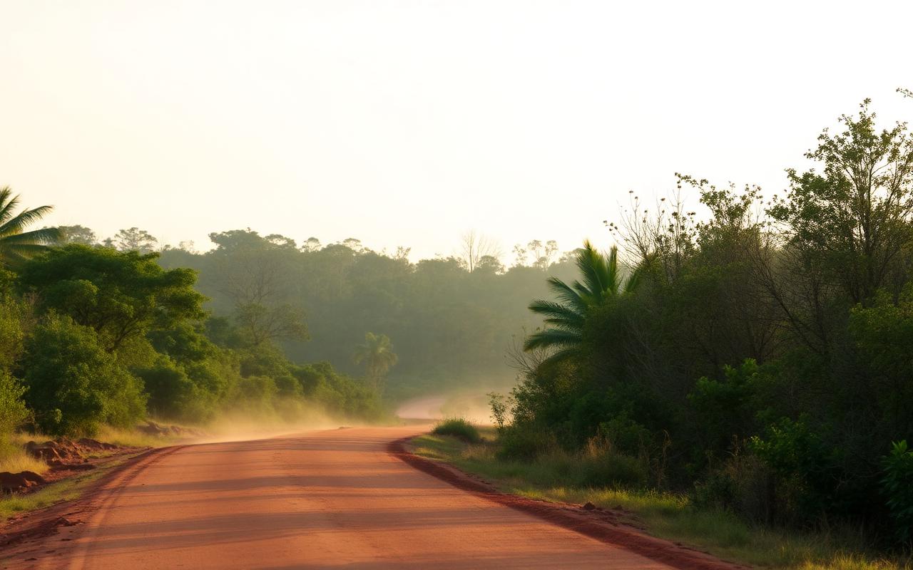 Inland Sri Lankan road from Udawalawe toward Thanamalwila and Yala with dry-zone scrub forest and dusty road in warm late afternoon light