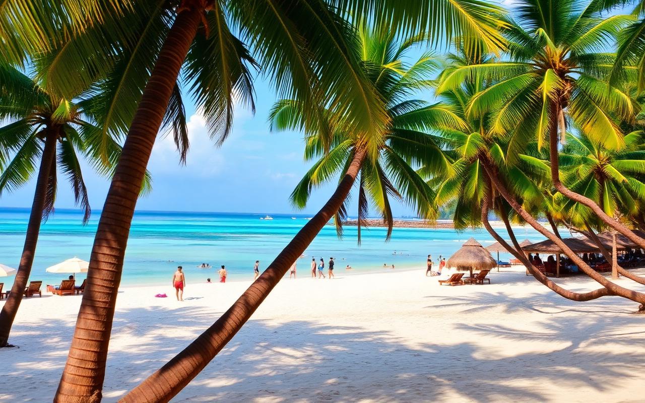 Unawatuna Beach Sri Lanka south coast at late afternoon with palm trees leaning over white sand, calm shallow turquoise bay, swimmers and small wooden beach restaurants