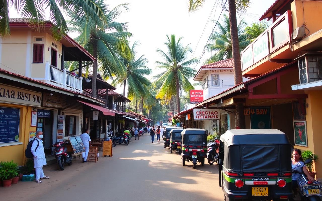 Central Unawatuna beach road Sri Lanka in afternoon light with narrow lane, small guesthouses and cafes, palm trees, parked tuk-tuks and travelers walking with backpacks