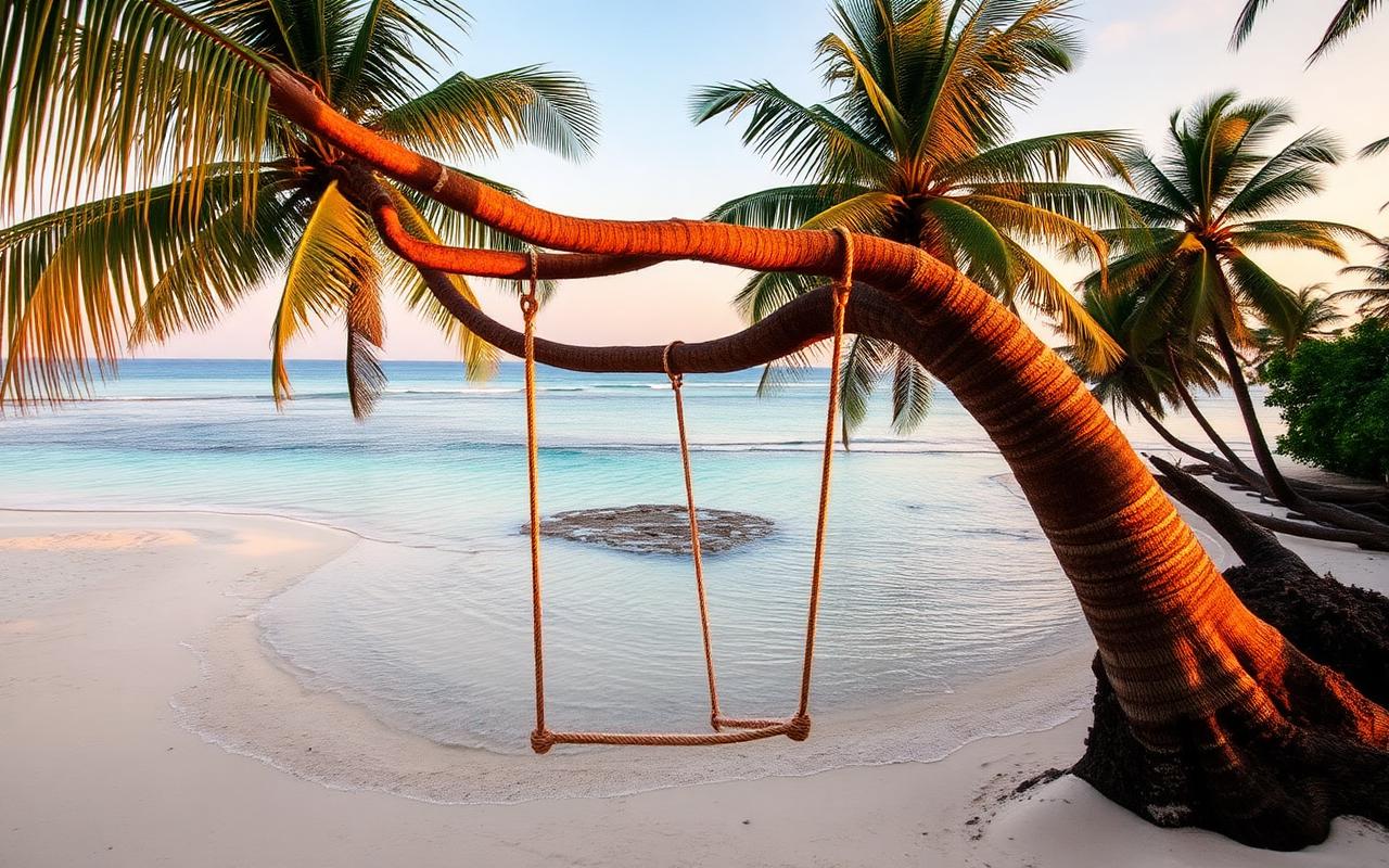 Dalawella Beach Sri Lanka south coast at golden hour with iconic palm tree rope swing over turquoise shallow water, white sand cove, leaning coconut palms and small reef in the bay
