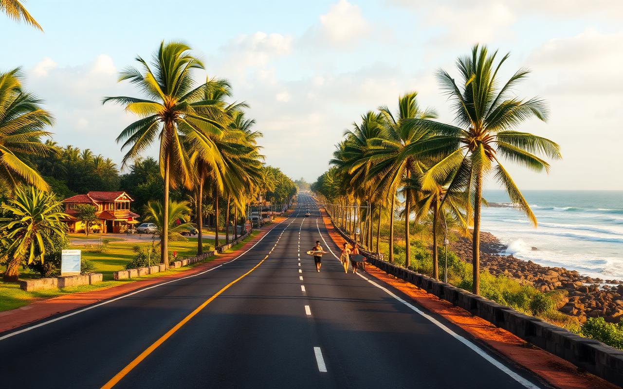 Dewata coastal road between Galle and Unawatuna Sri Lanka in afternoon light with palm-lined coastal highway, surfers walking with boards and the Indian Ocean alongside