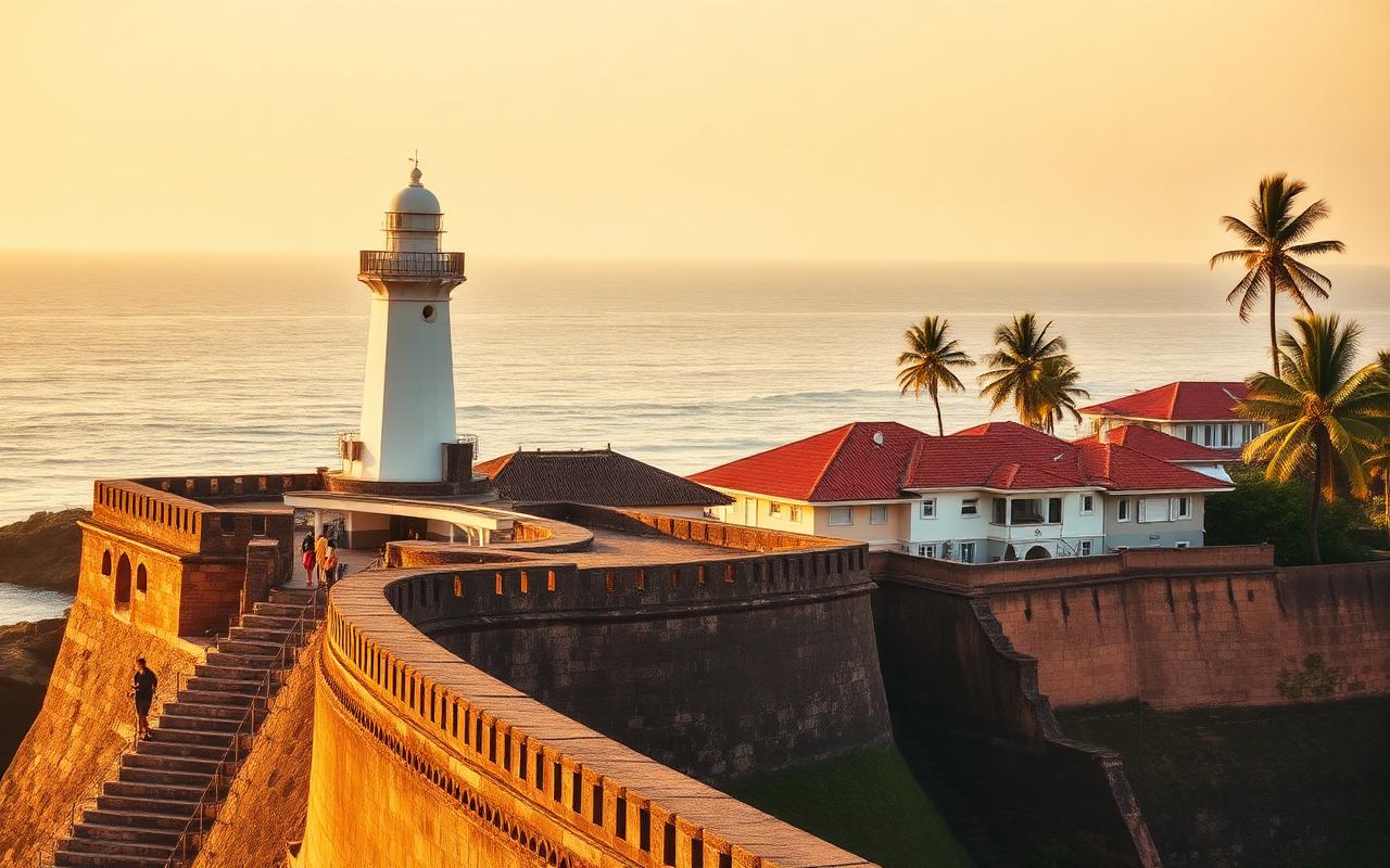 Galle Fort Sri Lanka at golden hour with historic Dutch-era ramparts, white lighthouse, colonial buildings with terracotta roofs, palm trees and ocean behind