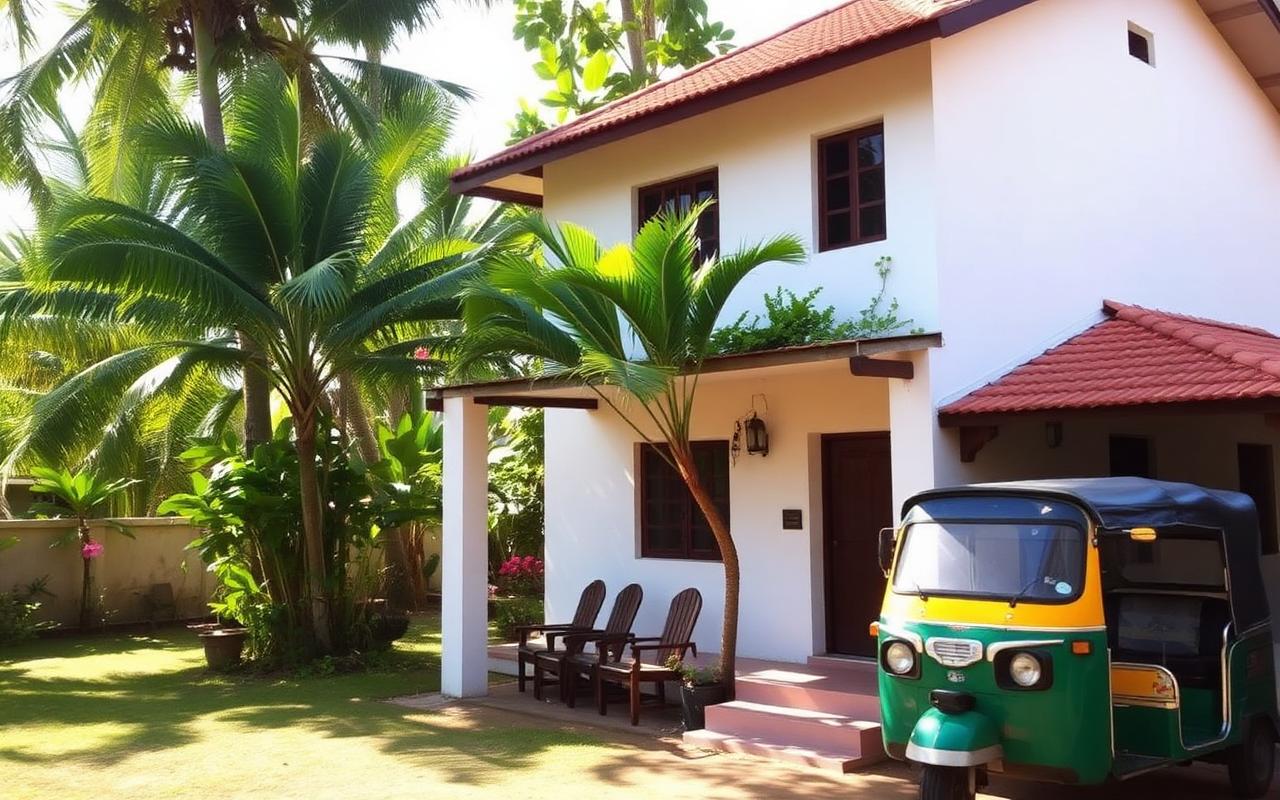 Small family-run guesthouse in Unawatuna Sri Lanka with whitewashed walls, terracotta roof, leafy garden with palm trees and frangipani, wooden chairs on a verandah and a parked tuk-tuk