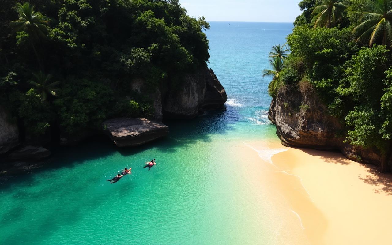 Jungle Beach Unawatuna Sri Lanka small hidden cove on Rumassala headland with dense green jungle on the cliffs, tiny crescent of golden sand, clear calm water and a few snorkelers