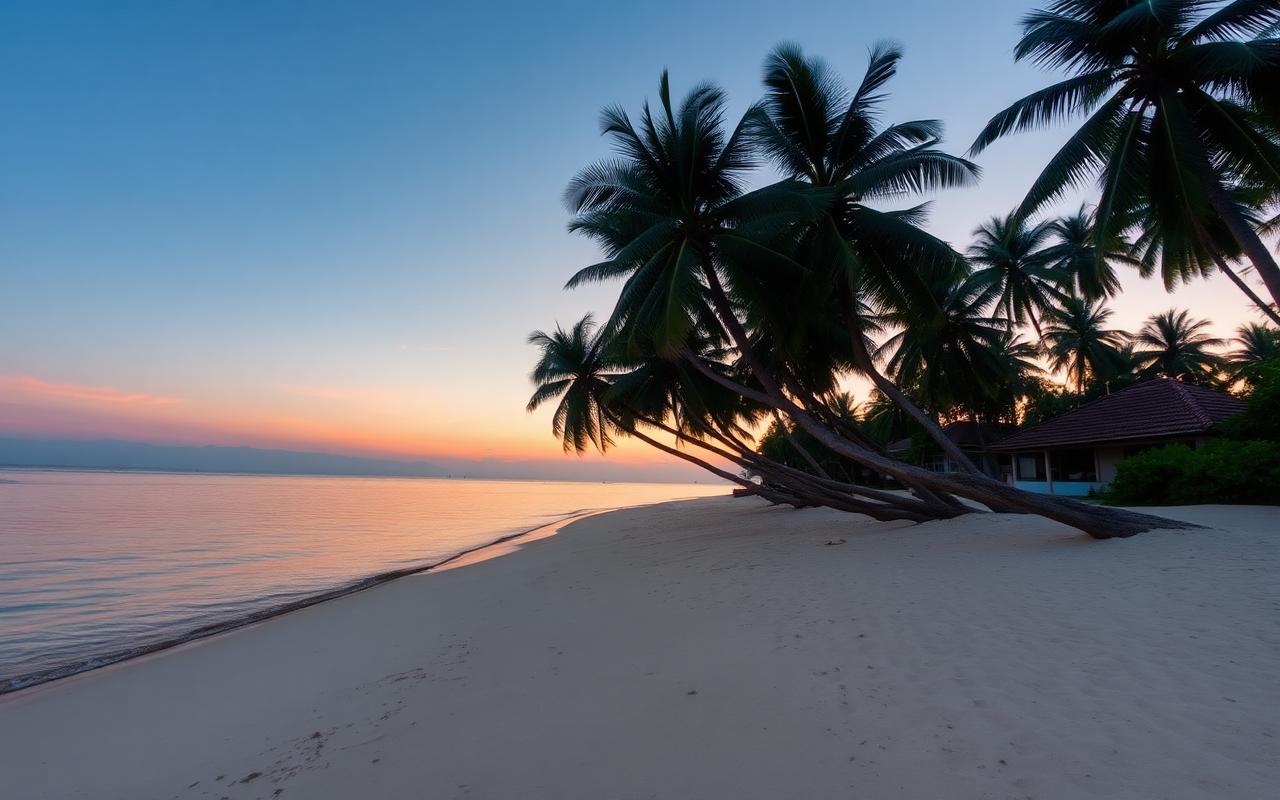 Mihiripenna Beach Sri Lanka quiet south coast bay at sunset with calm shallow water, almost empty white sand, palm trees leaning over the beach and small boutique guesthouse roofs visible behind palms