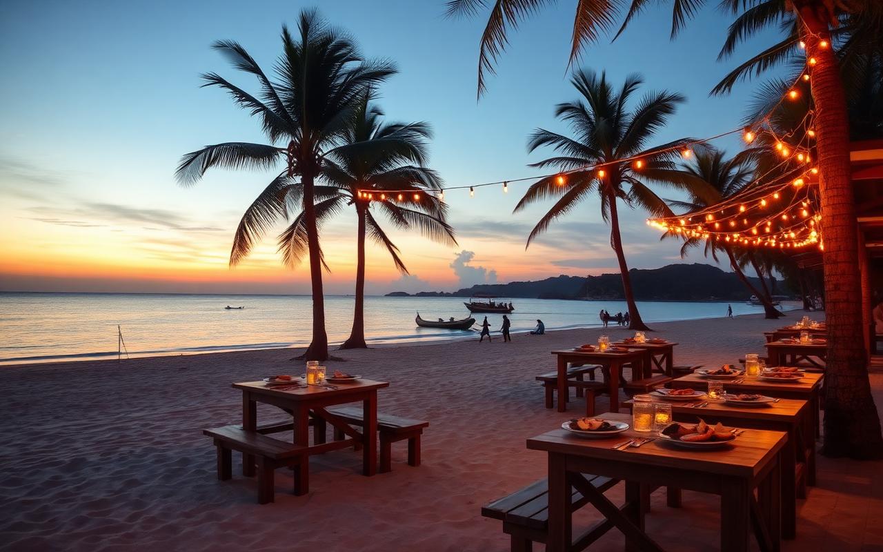 Unawatuna beach restaurant Sri Lanka at sunset with wooden tables on the sand, fairy lights between palm trees and warm orange sky over a calm bay