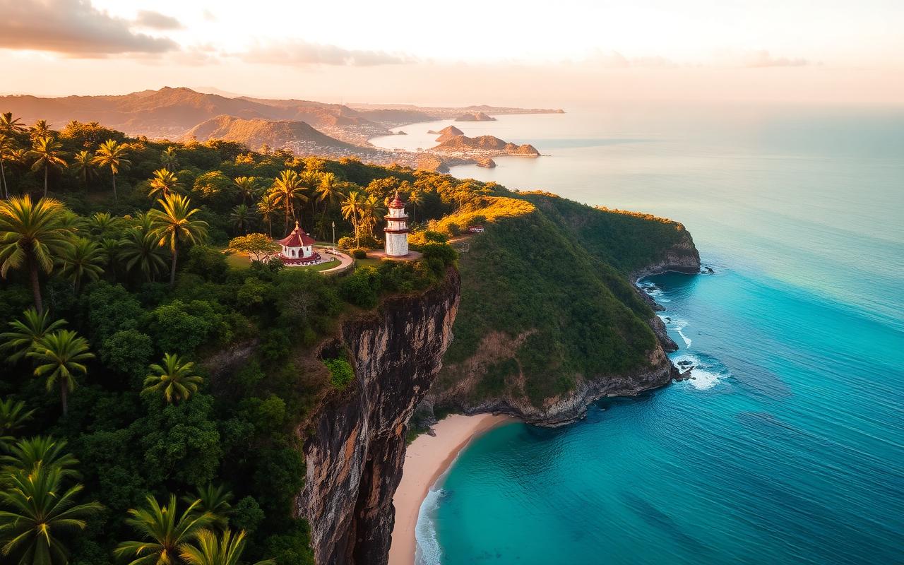 Rumassala headland viewpoint near Unawatuna Sri Lanka at golden hour with view over the bay, palm trees and small Japanese peace pagoda
