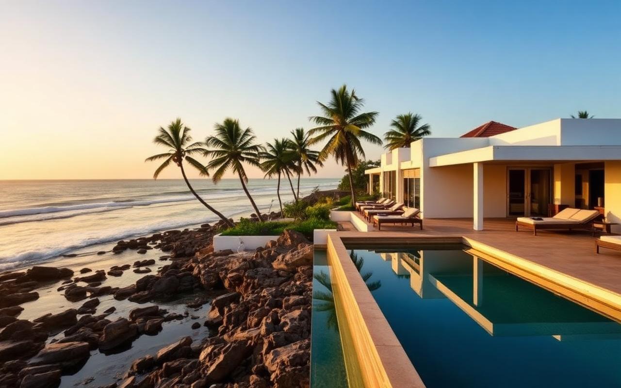 Thalpe coast Sri Lanka south coast at golden hour with elegant low-rise boutique villa, infinity pool overlooking rocky tidal pools and the Indian Ocean and palm trees