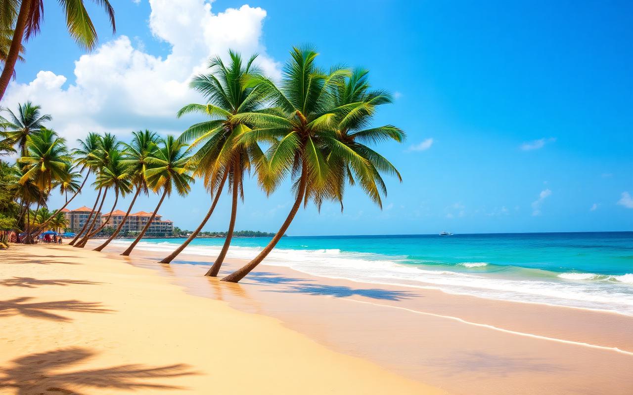 Wadduwa Beach Sri Lanka long west coast golden sandy beach with tall coconut palms, calm turquoise Indian Ocean and beachfront resort buildings behind palms on a sunny day