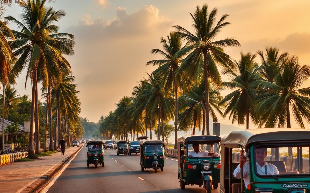 Colombo to Wadduwa coastal road Sri Lanka palm-lined Galle Road with tuk-tuks, coastal buildings and Indian Ocean glimpses at golden hour, warm tropical light