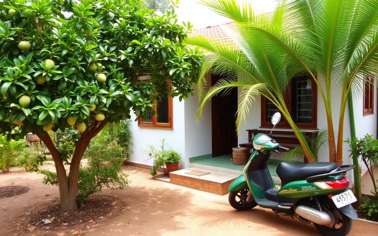 Family-run guesthouse near Wadduwa Sri Lanka simple painted bungalow with leafy garden, mango tree, palm trees and parked scooter in casual local west coast atmosphere