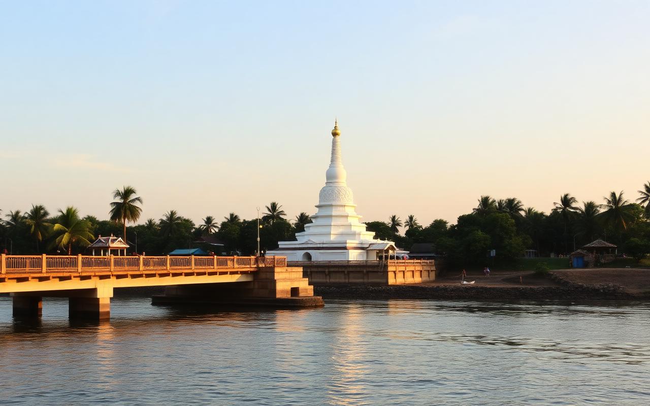 Kalutara Sri Lanka view of the iconic white Kalutara Bodhiya stupa near the bridge with palm trees, calm river and west coast atmosphere at golden hour