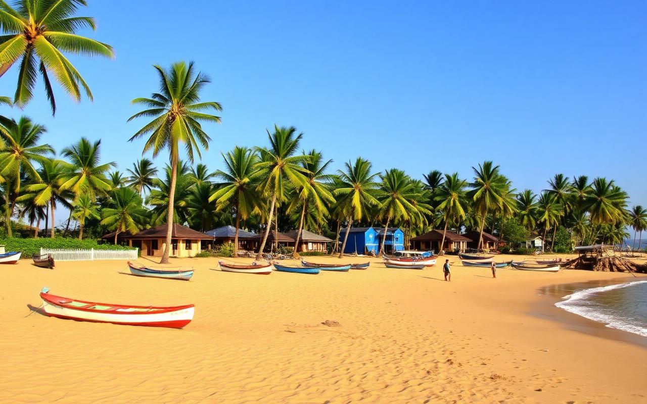 Kaluwamodara beach area Wadduwa Sri Lanka quiet palm-lined coastal stretch with golden sand, fishing boats and small beach hotels behind coconut palms in tropical light