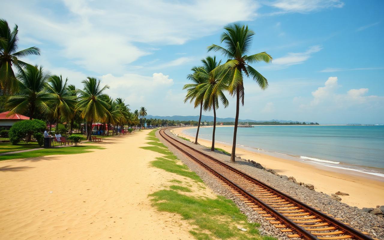 Panadura Sri Lanka west coast beach near railway with palm trees, golden sand, calm sea and small coastal town atmosphere on a sunny day