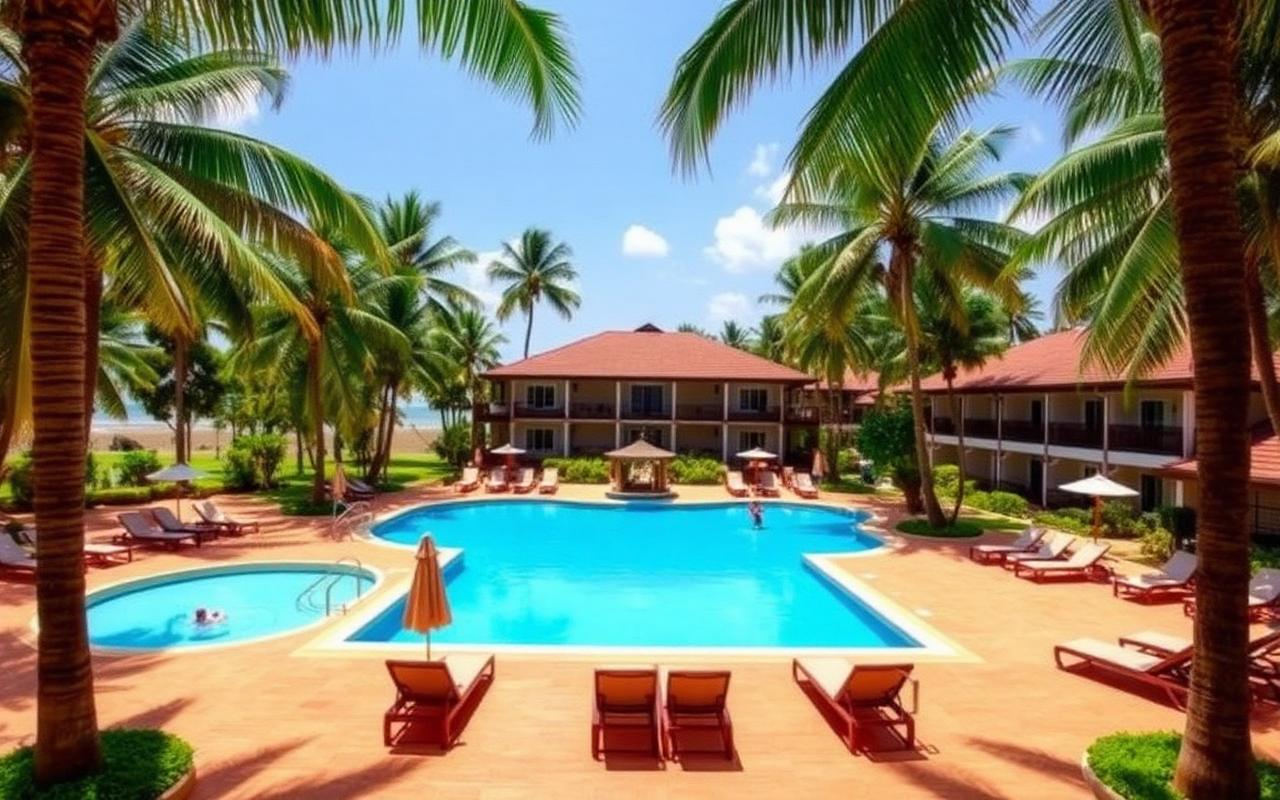Wadduwa Sri Lanka large family beach resort pool area with palm trees around the deck, big blue swimming pool, sun loungers, kids' pool area and low-rise tropical resort building on a sunny day