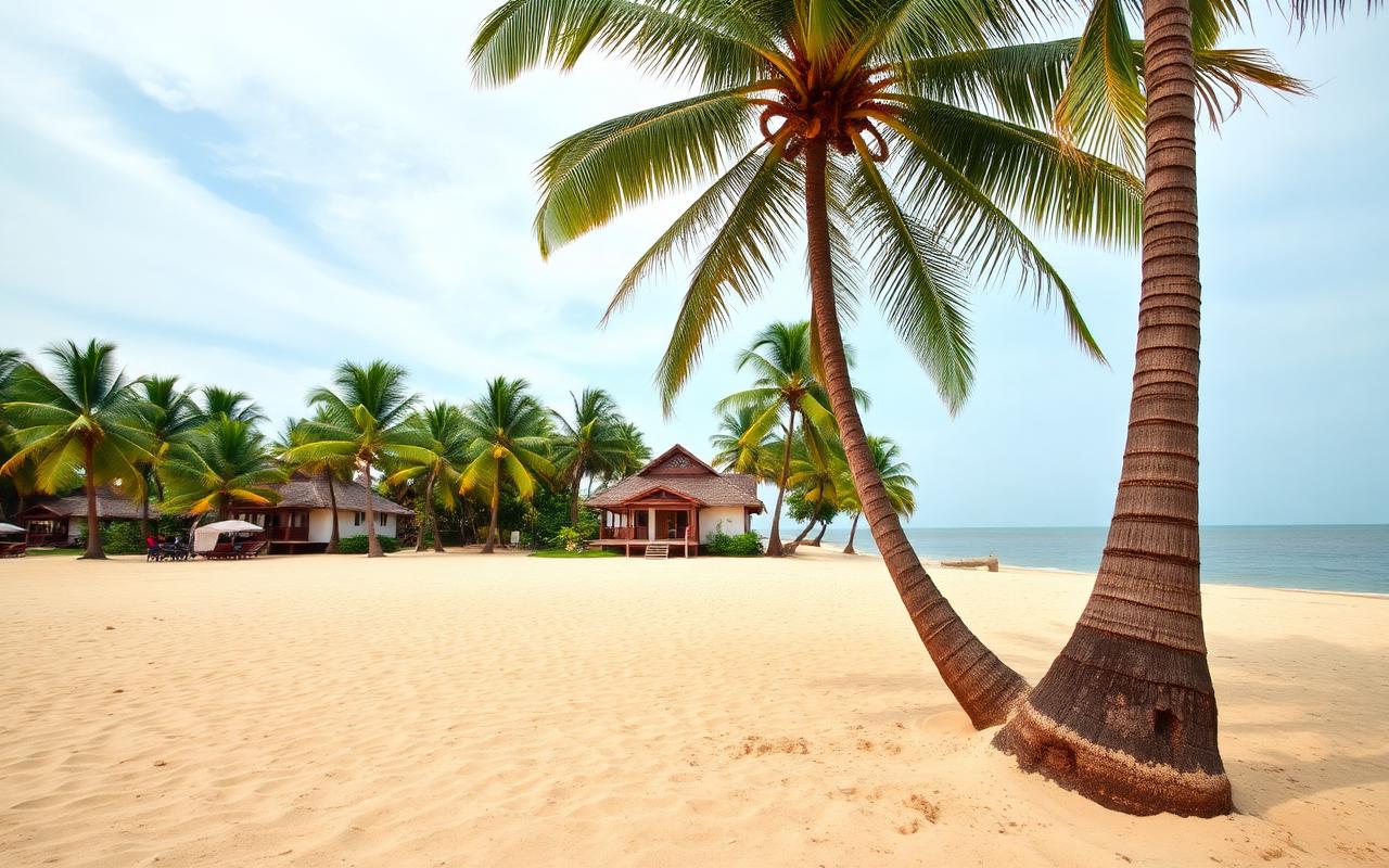 Talpitiya beach area Wadduwa Sri Lanka quiet west coast sandy beach with coconut palms, soft golden sand, calm sea and small boutique beach property behind palms