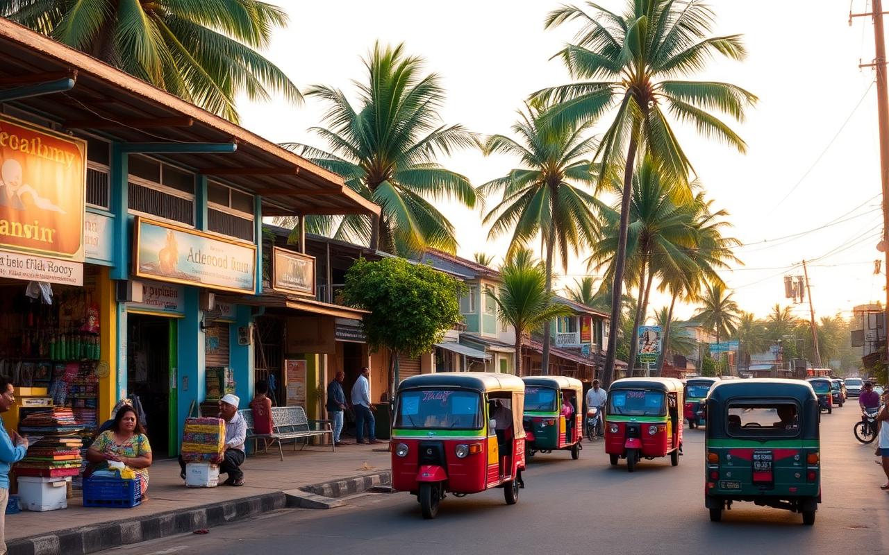 Wadduwa town Sri Lanka local west coast street with colorful shops, tuk-tuks, palm trees, low buildings and warm afternoon light showing town atmosphere on Galle Road