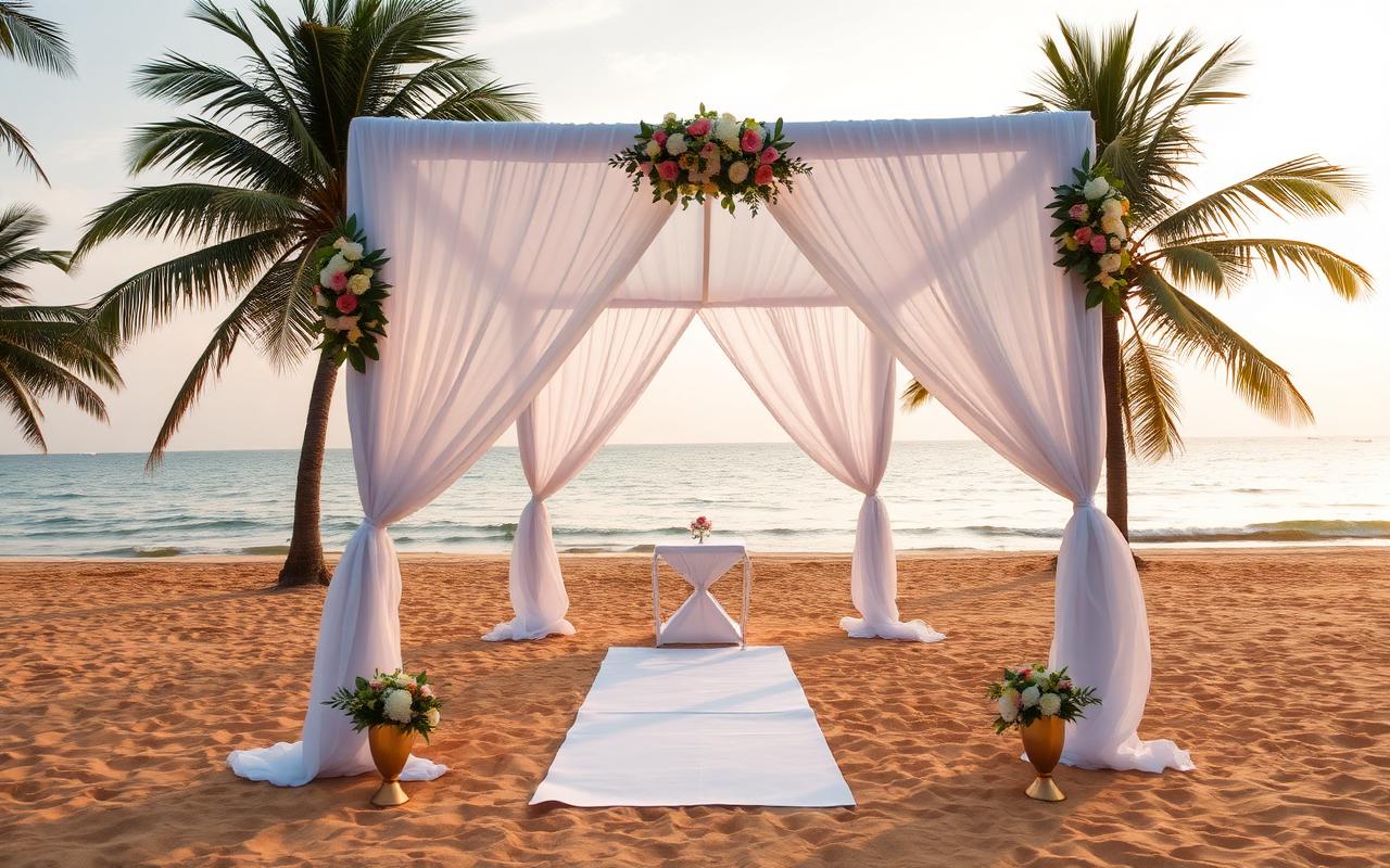 Beach wedding setup Wadduwa Sri Lanka elegant white wedding canopy with white drapes and tropical flowers on golden sand, palm trees and calm Indian Ocean in background at golden hour