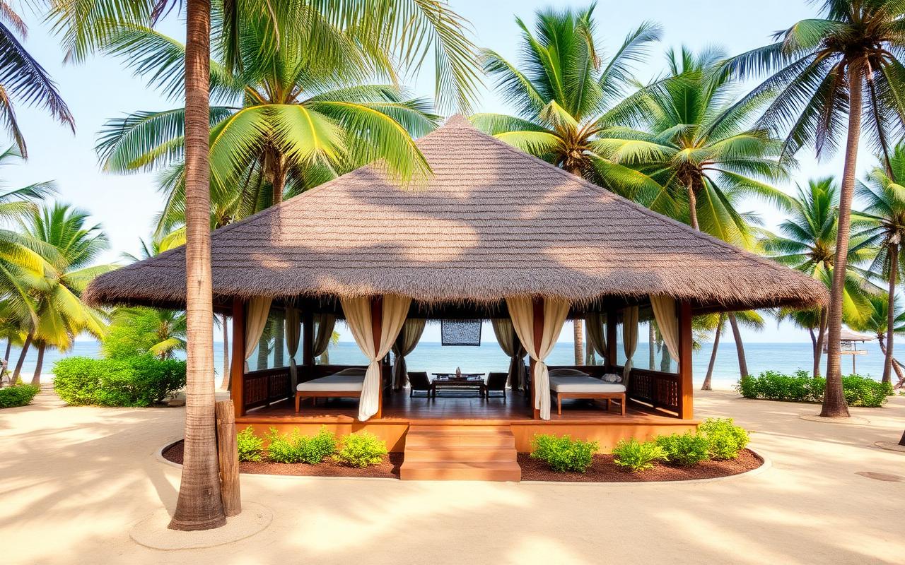 Wadduwa Sri Lanka Ayurveda wellness beach resort with traditional thatched-roof treatment pavilion among palm trees, herb garden, calm beach in background and tropical wellness atmosphere
