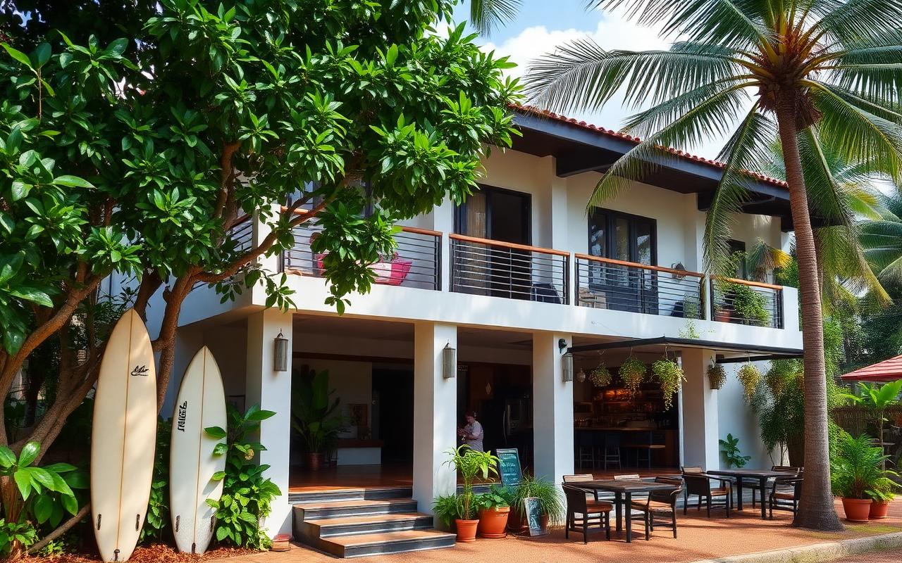 Ahangama Sri Lanka south coast with a stylish boutique hotel exterior, modern minimal architecture, leafy tropical garden, surfboards leaning against a wall and a third-wave coffee cafe with hanging plants
