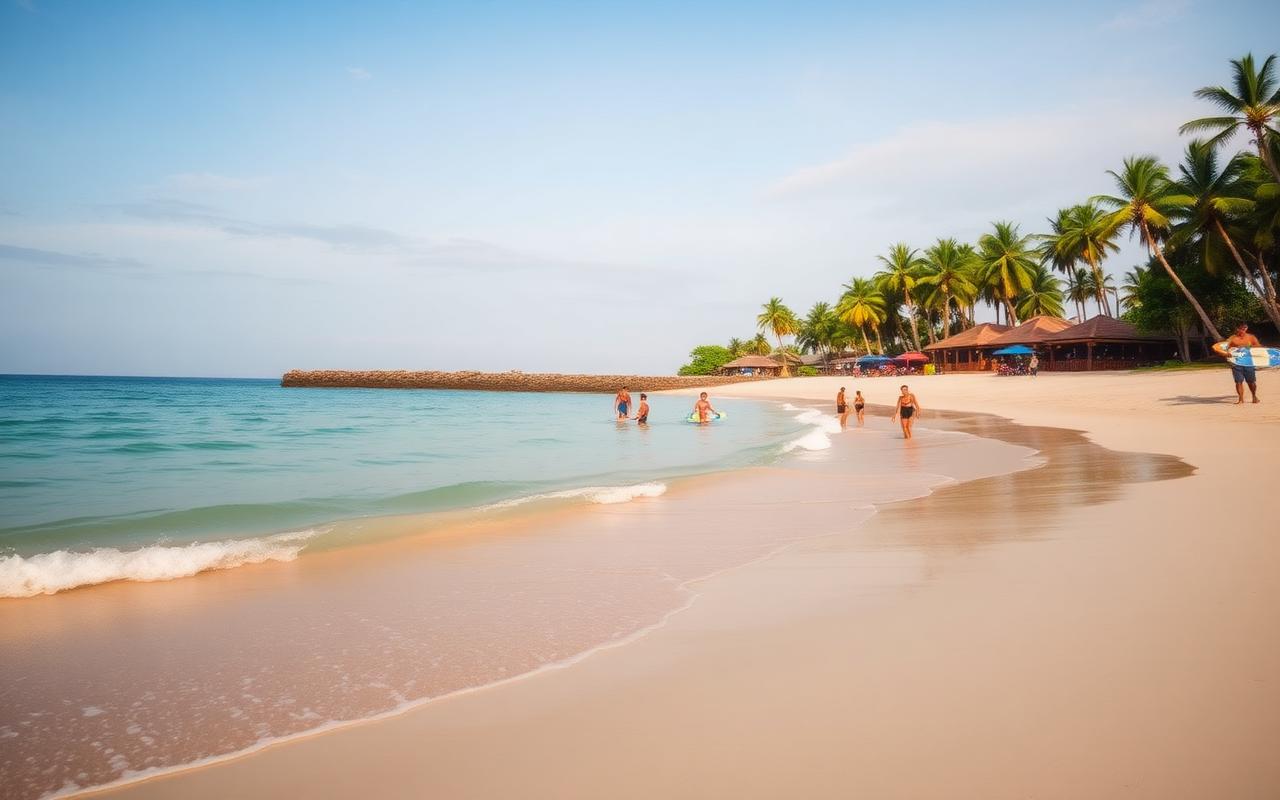 Weligama Bay Sri Lanka south coast in afternoon light with wide curved sandy beach, beginner surfers in shallow turquoise water with foam boards, palm trees and casual beach restaurants behind the sand
