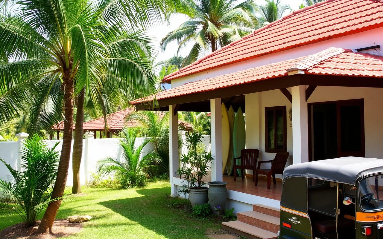 Family-run guesthouse in Weligama Sri Lanka with whitewashed walls, terracotta-tiled roof, leafy garden with palm trees, wooden chairs on a verandah, surfboards by the door and a parked tuk-tuk